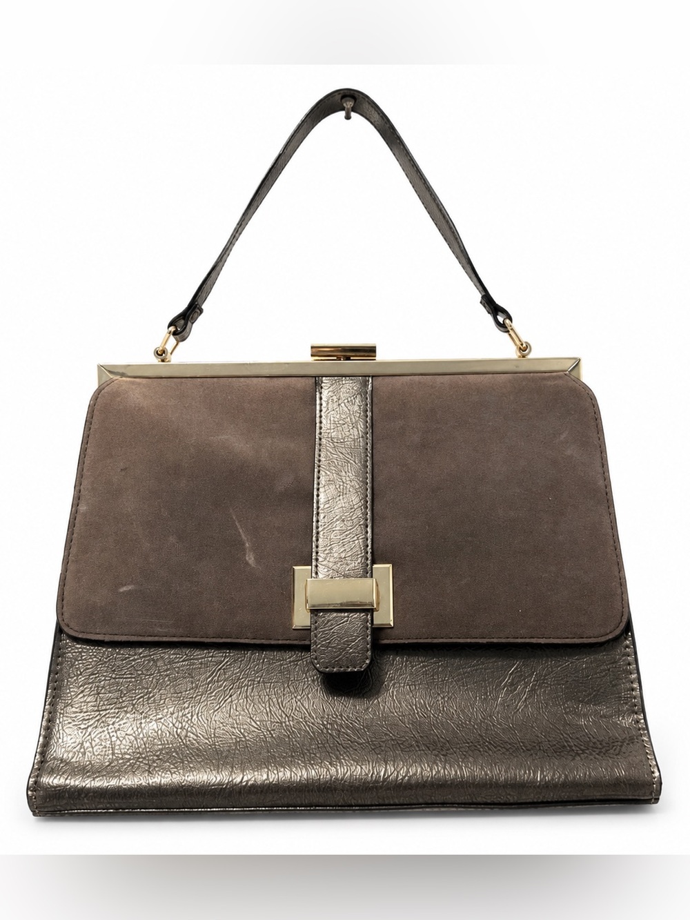 Gianni Bini Structured Frame Satchel Metallic Pewter Taupe Office Handbag